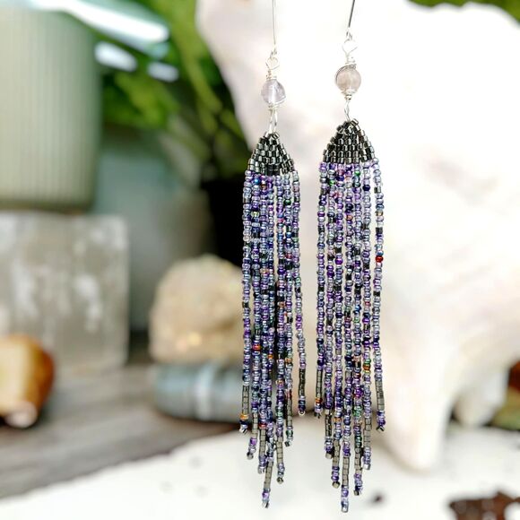 Fluorite Crystal Beaded Fringe Dangle Earrings, Seed Bead Boho Chic Statement - Picture 1 of 8